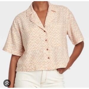 Universal Thread Button Up Cropped Check‎ Shirt Cream Peach Women XS Linen Blend